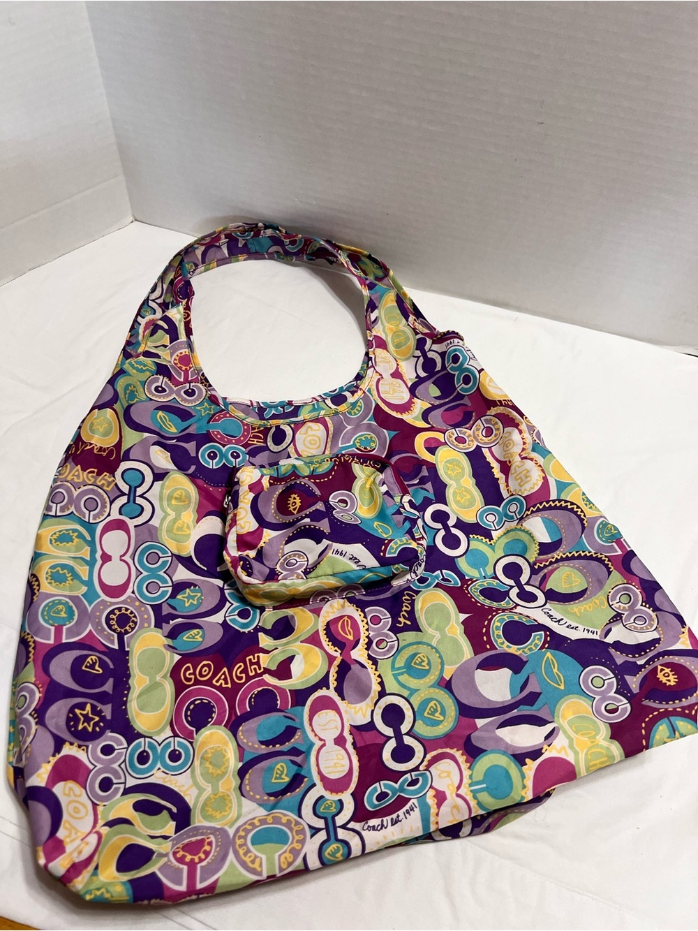 Rare Vintage Coach Poppy Glam Signature Print Packable Nylon Folding Tote Bag